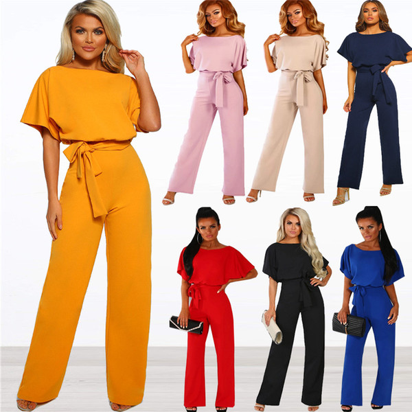 Women's jumpsuit 2019 new 7-color spring/summer fashion bat short-sleeved belted jumpsuit women