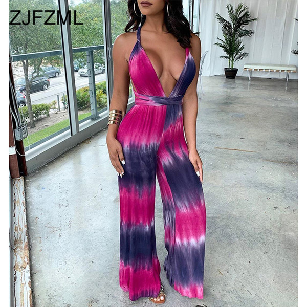 Colorful Tie Dye Sexy Rompers Womens Jumpsuit Deep V Neck Sleeveless Wide Leg Bodysuit Casual Cross Backless One Piece Overalls