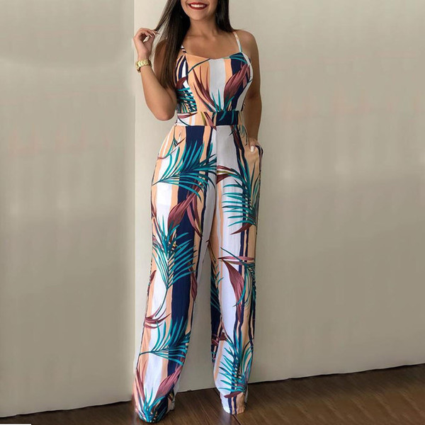 Women Jumpsuit overalls Sleeveless Strappy Leaf Print Jumpsuit Casual Clubwear Wide Leg Playsuit Romper Women