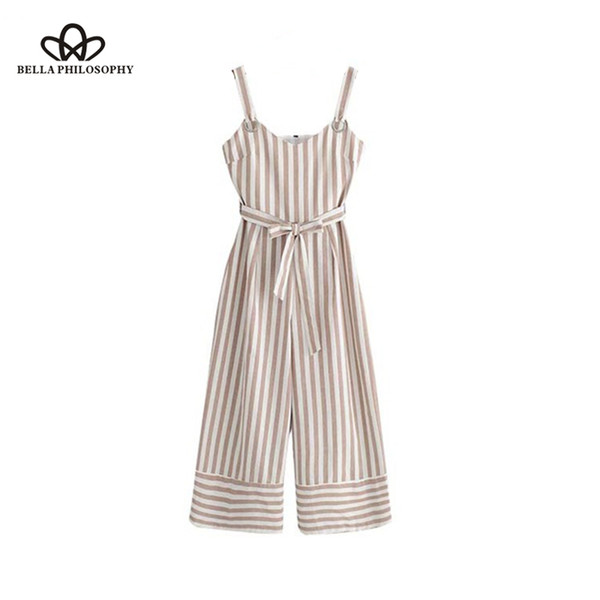 Heydress 2019 women new stylish striped jumpsuit V neck bow tie sashes straps side zipper wide leg rompers ladies retro playsuit