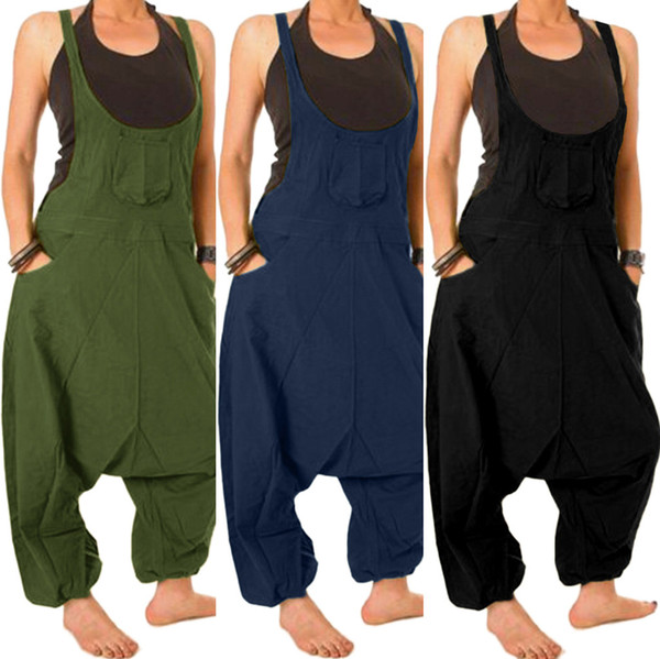 Loose Jumpsuit Women Casual daily Sleeveless Solid Tooling Overalls Drop Crotch Pocket Strap Streetwear Jumpsuit Body Mujer#ssw