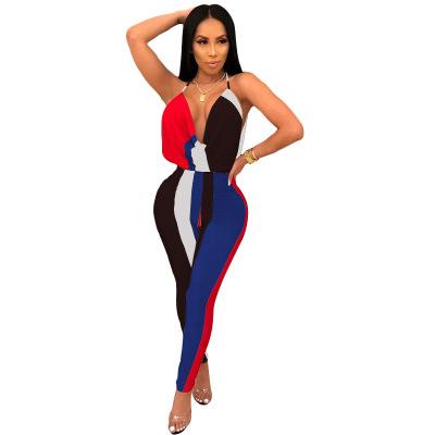 2018 Summer Sexy Backless Halter Clubwear Jumpsuits Woman V-neck Patchwork Bodysuits Party Playsuits