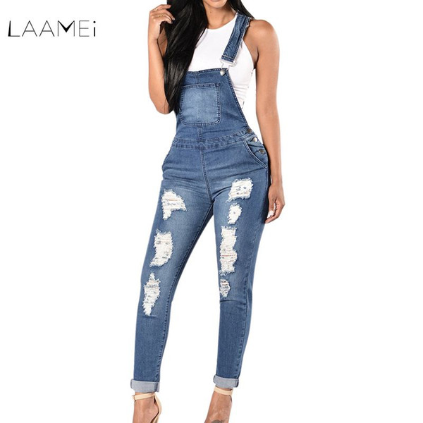 Laamei 2018 New Spring Women Overalls Cool Denim Jumpsuit Ripped Holes Casual Jeans Sleeveless Jumpsuits Hollow Out Rompers 2XL