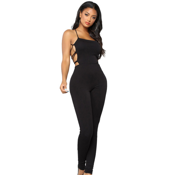 Sexy Women Long Jumpsuits Black Backless Lace Up Spaghetti Strap Long Pants Playsuit Lady Rompers Overalls