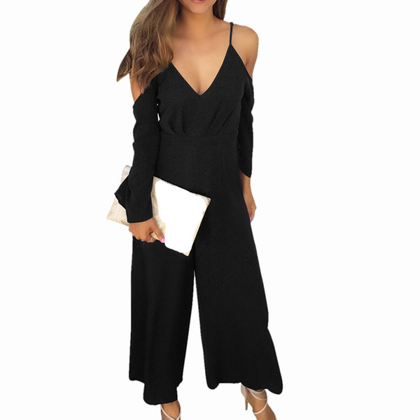 Spaghetti Strap One Piece Jumpsuits Rompers Women Long Sleeve Off Shoulder Loose Wide Leg Pants Party Jumpsuits Overalls Female