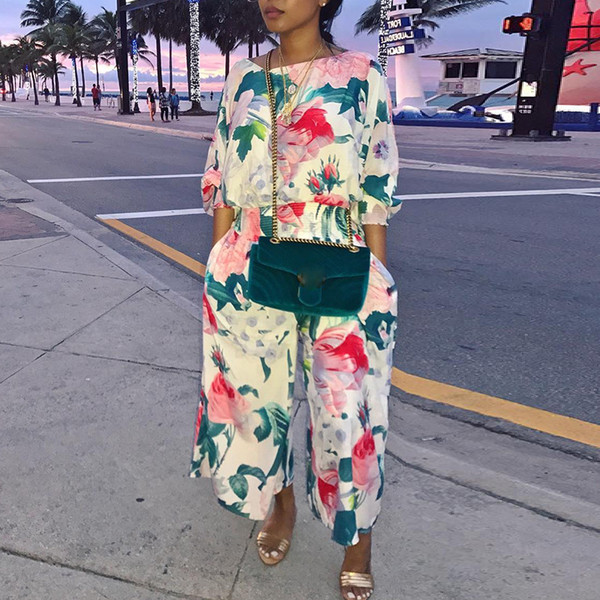 2018 New Arrivals Women Stylish Casual Jumpsuit Floral Puff Sleeve Shirring Wide Leg Jumpsuit