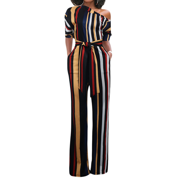 2018 Women Sexy Summer Off The Shoulder Striped Jumpsuit Playsuit Wide Leg Pockets Rompers Long Pants Trousers With Belt