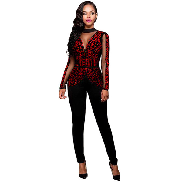 2017 Womens Rompers Winter Autumn Club Party Black Red Blue O-neck Hot Drilling Long Mesh Sleeves Bodycon Jumpsuit Plus Size