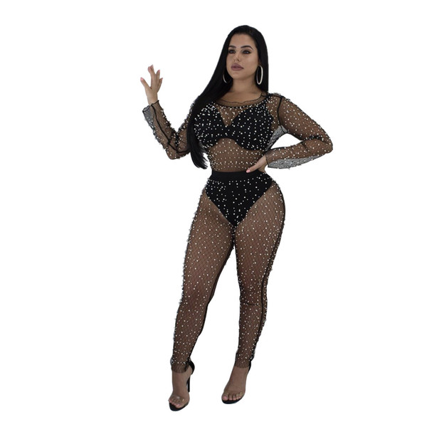 Women Long Sleeve See Through Jumpsuit Sexy Pearl Mesh Jumpsuit Nightclub Bodycon Overalls Black Sexy Sheer Mesh Romper