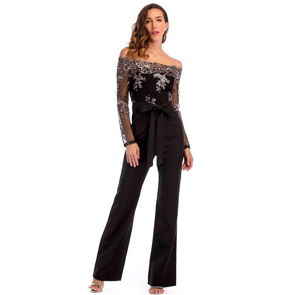 Slash Neck Black Jumpsuit Sequined Floral Long Sleeve Sheer Top Wide Leg Pants Ladies Slim Cocktail Party Jumpsuits