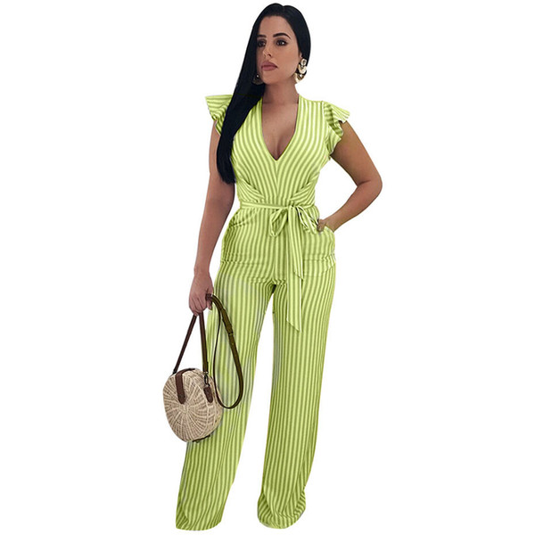 Striped Sexy Jumpsuit Deep V Neck Ruffles Sleeve Straight Boho Summer Overall Backless Party Rompers Womens Jumpsuit