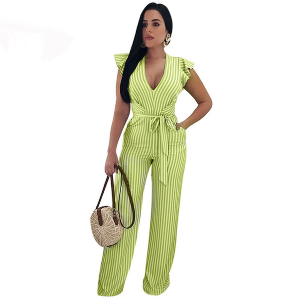 Vertical Stripe Sexy Party Jumpsuit Women Deep V Neck Ruffles Sleeve Straight Overall Summer Open Back Belted Long Romper