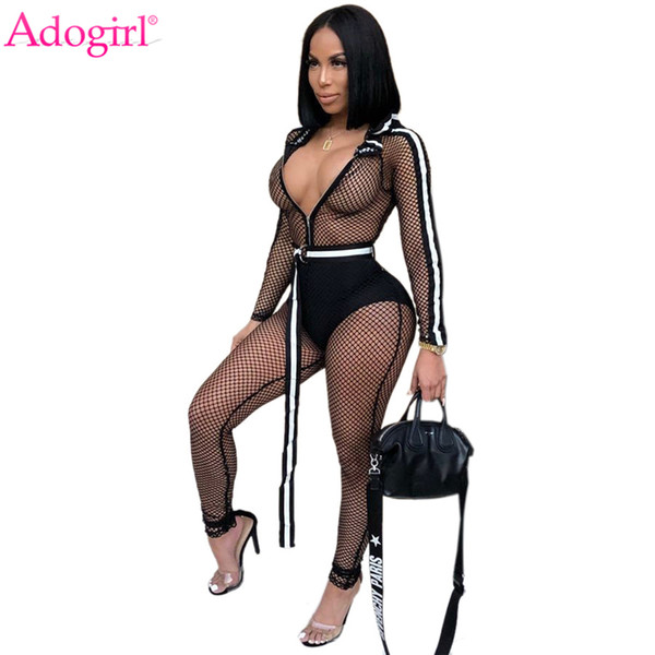 Adogirl Fishnet Side Stripe Hooded Jumpsuit with Belt Zipper Up Long Sleeve Sexy Sheer Club Rompers Women Overalls Playsuits