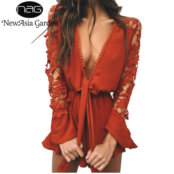 NewAsia Garden V-Neck Bow Tie Front Chiffon Lace Playsuit Ruffles Wrap Rompers Flare Sleeve Floral Jumpsuit Women Beach Overalls