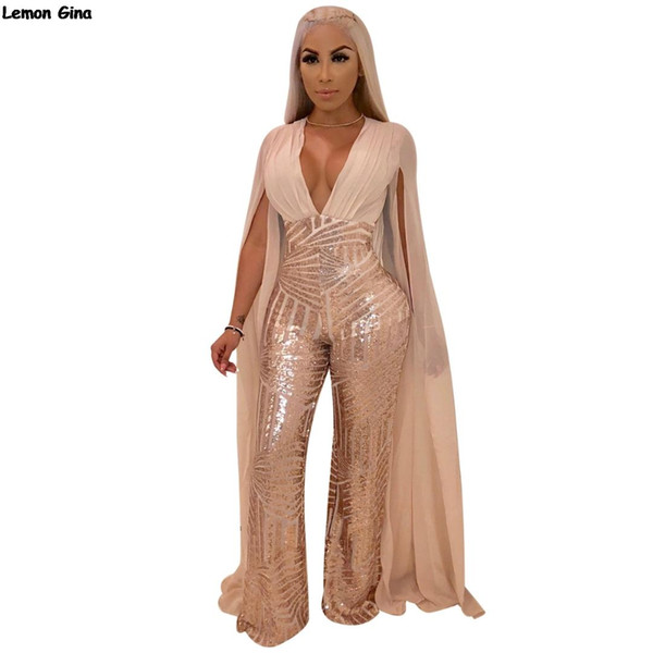 women new hot drilling sequined cloak long sleeve open back deep v-neck bodycon night party jumpsuits sexy club rompers M868