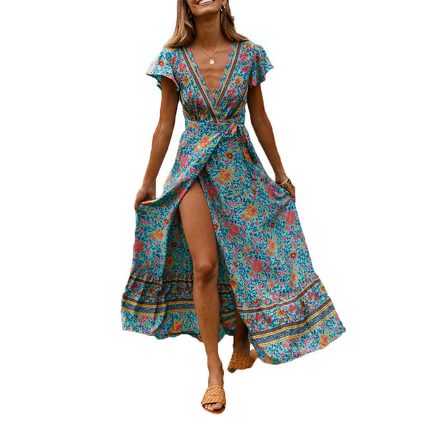 Boho Floral Print Long Maxi Women Chiffon Jumpsuit Split Summer Beach V Neck Short Sleeve Ladies Wrap Playsuits robe femme 