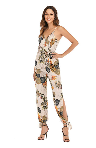 Summer Jumpsuit Sexy Deep V Neck Sleelveless Floral Printing Split Ankle Length Jumpsuit Women Summer Clothes