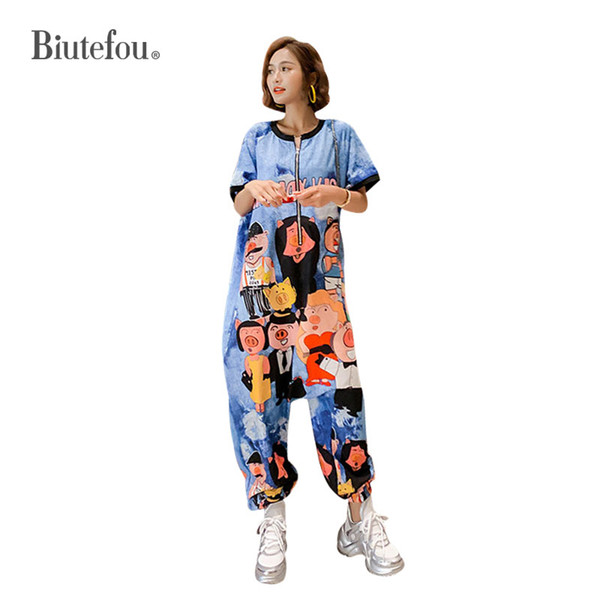 2019 New arrival cartoon print thin Jumpsuits women fashion hot drilling chic loose Jumpsuits