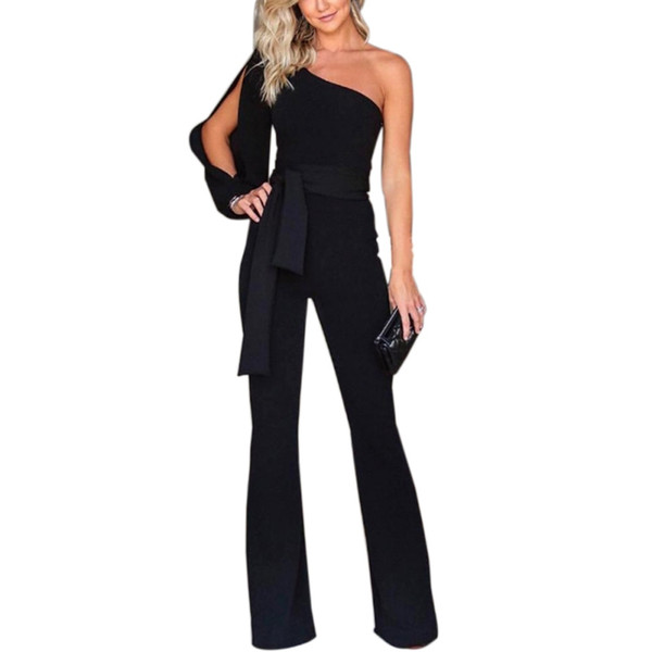 Women\'s wide leg jumpsuit self Sashes Skinny one shoulder sleeves jumpsuit Slim long trousers 4 Color Sexy Club Party Overall