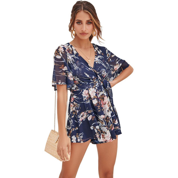 Rompers Womens Jumpsuit Floral Chiffon Jumpsuit Summer Boho Playsuit Shorts Ultra-low V-neck Overalls Beachwear Macacao Feminino