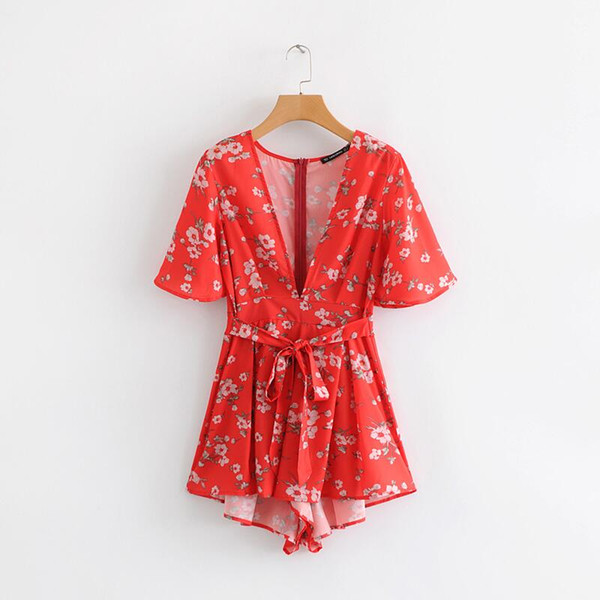 Lady Sweet Floral print Sexy V neck Red Beach Platsuits Summer Short sleeve Bow Lace-up Women Short Jumpsuits vestidos#N756