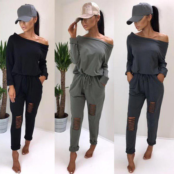 Women Tracksuit Sweatsuit Long Sleeve Jumpsuits Stretchy Overall Off Shoulder Broken Hole Casual Bodysuits Rompers 2 piece Women Clothing