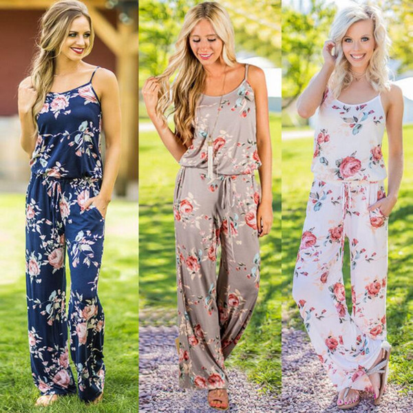 Women Spaghetti Strap Floral Print Romper Jumpsuit Sleeveless Beach Playsuit Boho Summer Jumpsuits Long Pants OOA4330