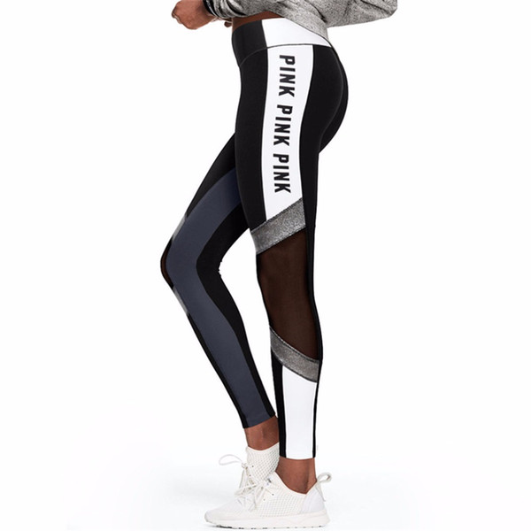 NORMOV Women Leggings Letter Printed And Mesh Patchwork Jeggings High Waist High Elastic Plus Size Fitness Leggings Female