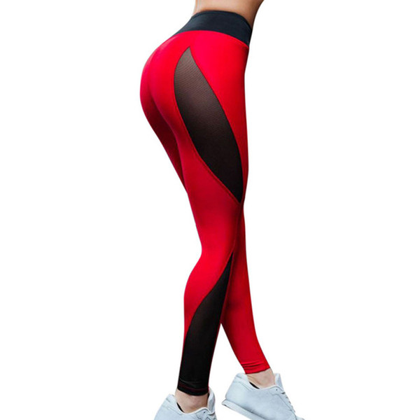 JLZLSHONGLE Hot Red And Black Patchwork Leggings For Women Sexy Mesh Splice Fitness Pants Elastic Workout Slim Trousers DropShip