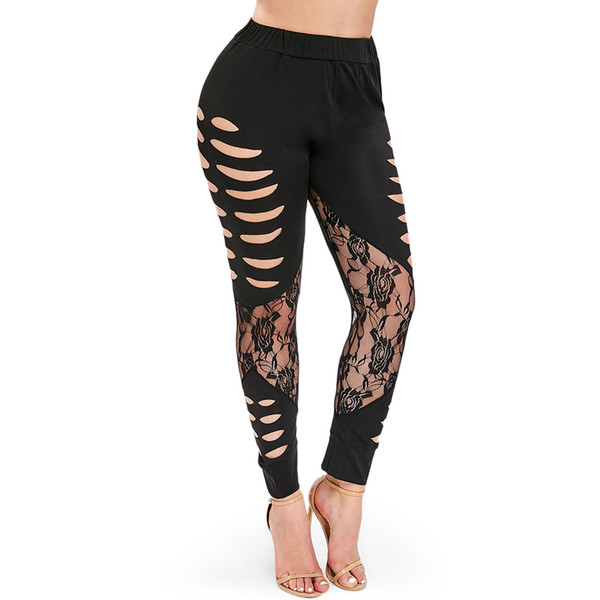 Lace Panel Ripped Plus Size Women Leggings Summer Hollow Out High Waist Lace Women Pants Black Sexy Perspective Trouser