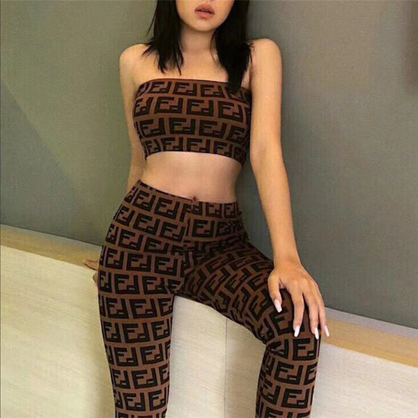 women Sexy Printed Brown strapless chest wrap Long Leggings 2pieces