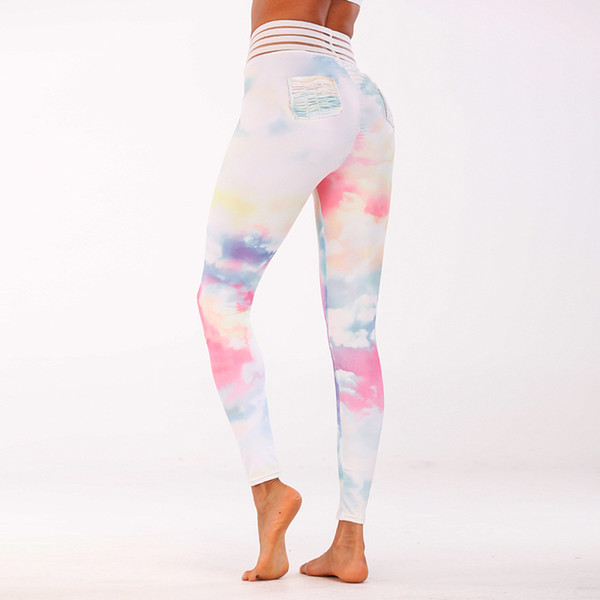 30pcs Women New Blue flower printed bottom hip yoga pants sports fitness pants sexy hips leggings for Sports