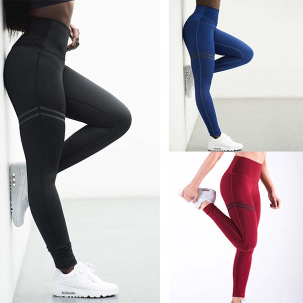 Women Polyester High Waist Sport Stripes Plain Leggings Yoga Long Pants Jogging Workout Running Leggings