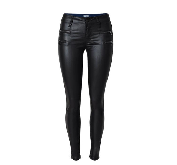 New women Imitation Denim Slim Leggings Women Motorcycle Streetwear Pants Folds Zippers PU Leather Pants