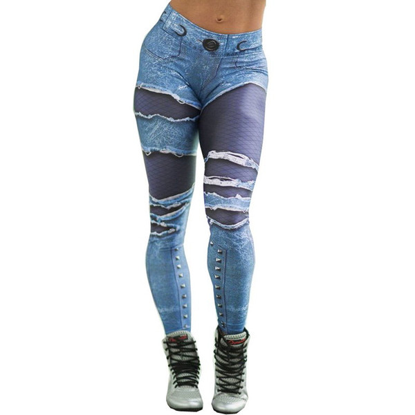 2019 Spring Summer Casual Jeans Printed Leggings Put Hip Up Elastic High Waist Legging Breathable Slim Pants Mesh Legins Drop