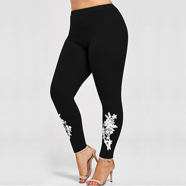 Plus Size Appliqued Jersey Leggings Skinny 2019 Women Pants Casual Floral Print Mid Waist Ladies Trouser Pencil Pants