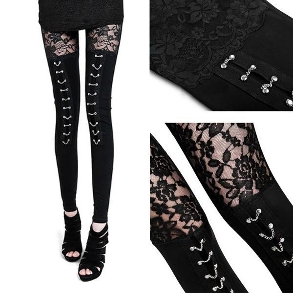 new Fashion Hot Sexy Chains Elasticity Black Bodycon Women Cotton Lace Leggings Elasticity Lolita Lace pants kz3