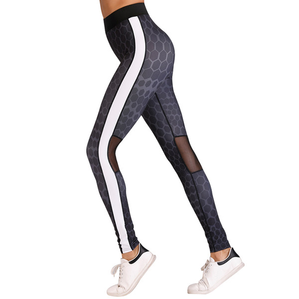 High Waist Side Striped Woman Leggings Mesh Patchwork Sportswear Leggins Female Honeycomb Printing Workout Pants Women