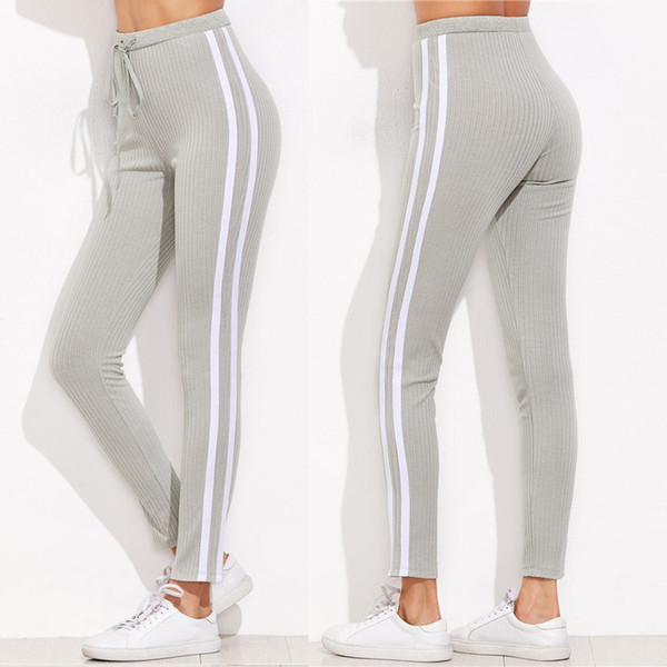 Solid Side Stripe Leggings Women High Waist Lace-Up Sporting Leggings Long Pants Polyester Women's Trousers S-2XL