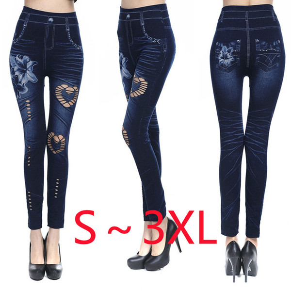 European and American explosion models Love seamless cotton imitation denim leggings hollow sexy leggings leggin