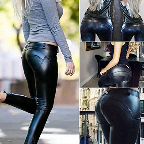 200pcs Women Pu Leather Leggings Hip Push-Up Fitness Skinny Trousers Women Sportings Sexy Yuga Leggins Pants Leather Legging AP190