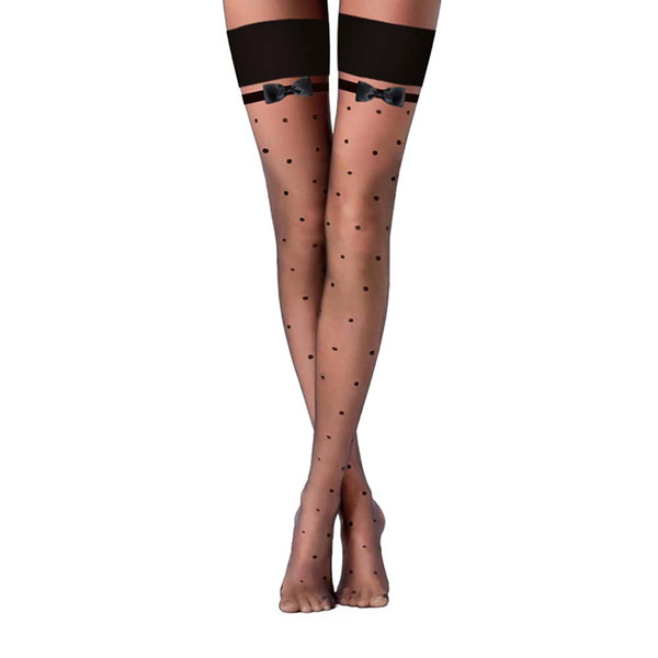 Women's Black Polka Dot Thigh Highs with Bowknot Sheer Over Knee Stockings Tights Pantyhose Socks Lingerie Hosiery