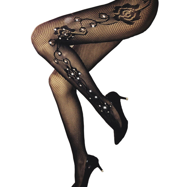 Women Rhinestone Fishnet Stockings High Waist Floral Pattern Shiny Diamond Drilling Pantyhose Sparkle Net Tights