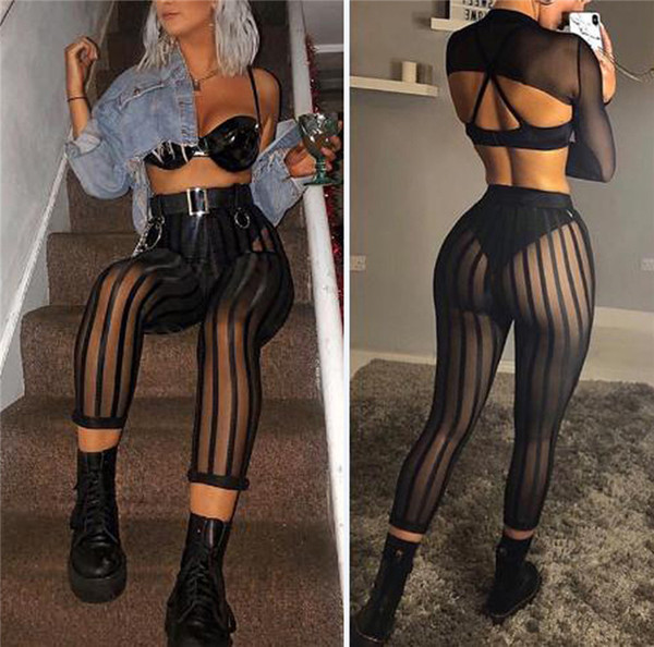 Sexy Ladies Women Mesh Sheer See Through Striped Leggings Pants High Waist Bodycon Black Slim Perspective Legging Pants Trousers