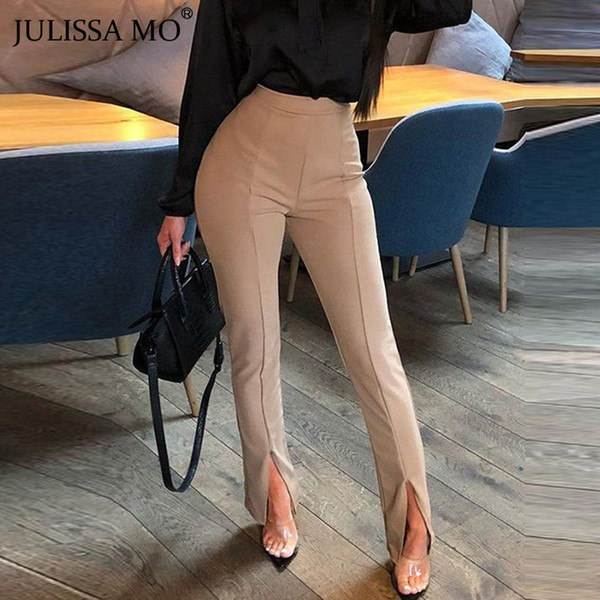 JULISSA MO Sexy Split High Waist Pencil Pants Women Casual Elastic Waist Flare Trousers Solid Office Lady Bodycon Pants Bottoms