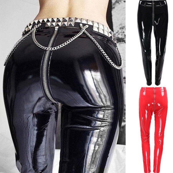 Black Red Women Sexy Shiny PU Leather Leggings With Back Zipper Push Up Faux Leather Pants Latex Rubber Pants