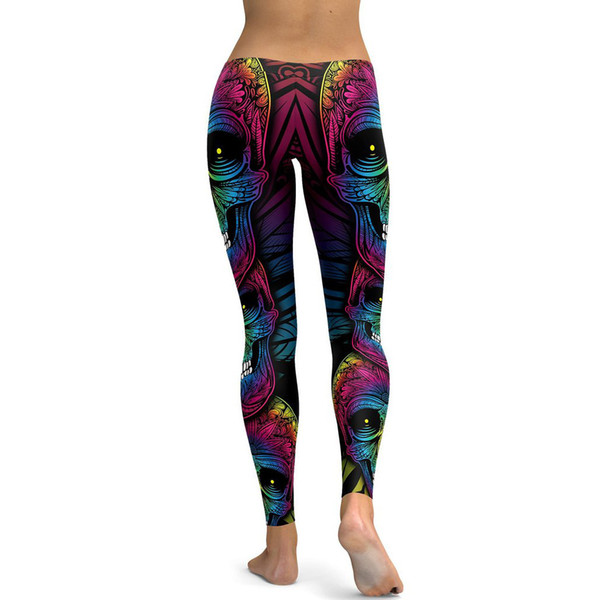 Colorful skull Long Leggings 3D Printing Elasticity Mid Waist Yoga Fitness Women Sports Fashion Knitted Polyester Shantou Pencil Pants