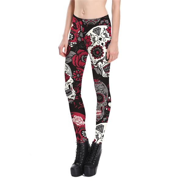 Wholesale Fashion Women Skull Rose Flower 3D Printed Legging Fitness Slim Elastic Trousers Pants Legins