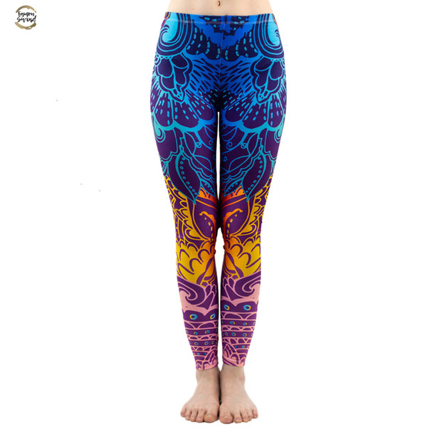 Women Fashion Blue Printing Mandala Leggings Sexy Workout Elasticity Pants Fitness Stretch Slim Bottoms good quality