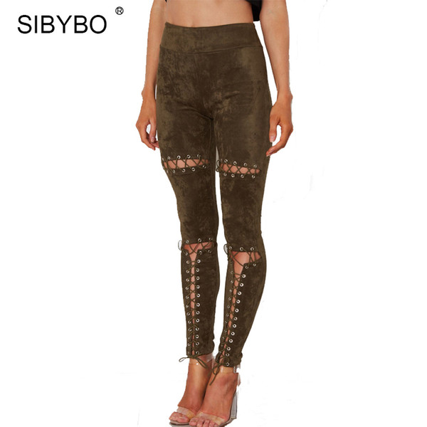 Wholesale- Sibybo Suede Leather Pants 2017 New Spring Summer High Waist Lace Up Slim Stretch Skinny Bodycon Pencil Leggings Pants